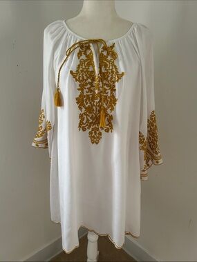 White Embroidered Boho Peasant Dress with Gold Motif Sz S